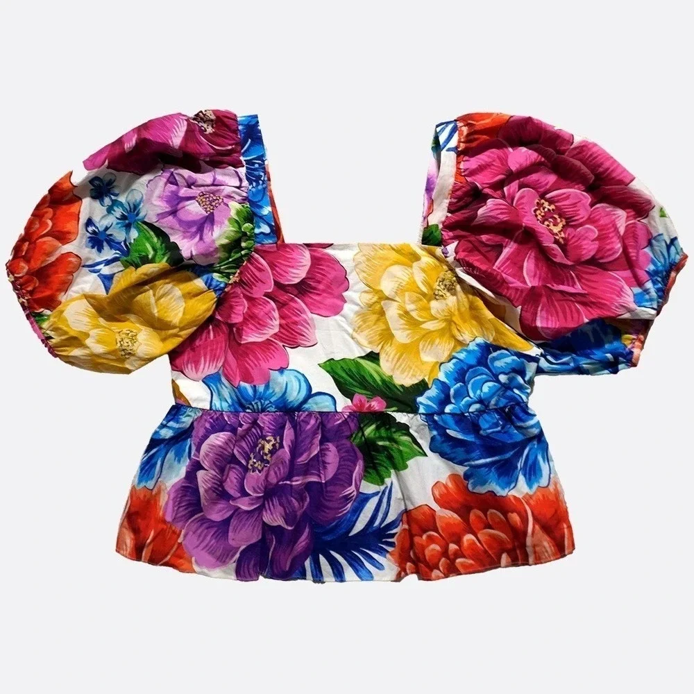 FARM Rio Rainbow Chita Luxury Peplum Blouse Plus 1X XL Vibrant Tropical Floral‎
